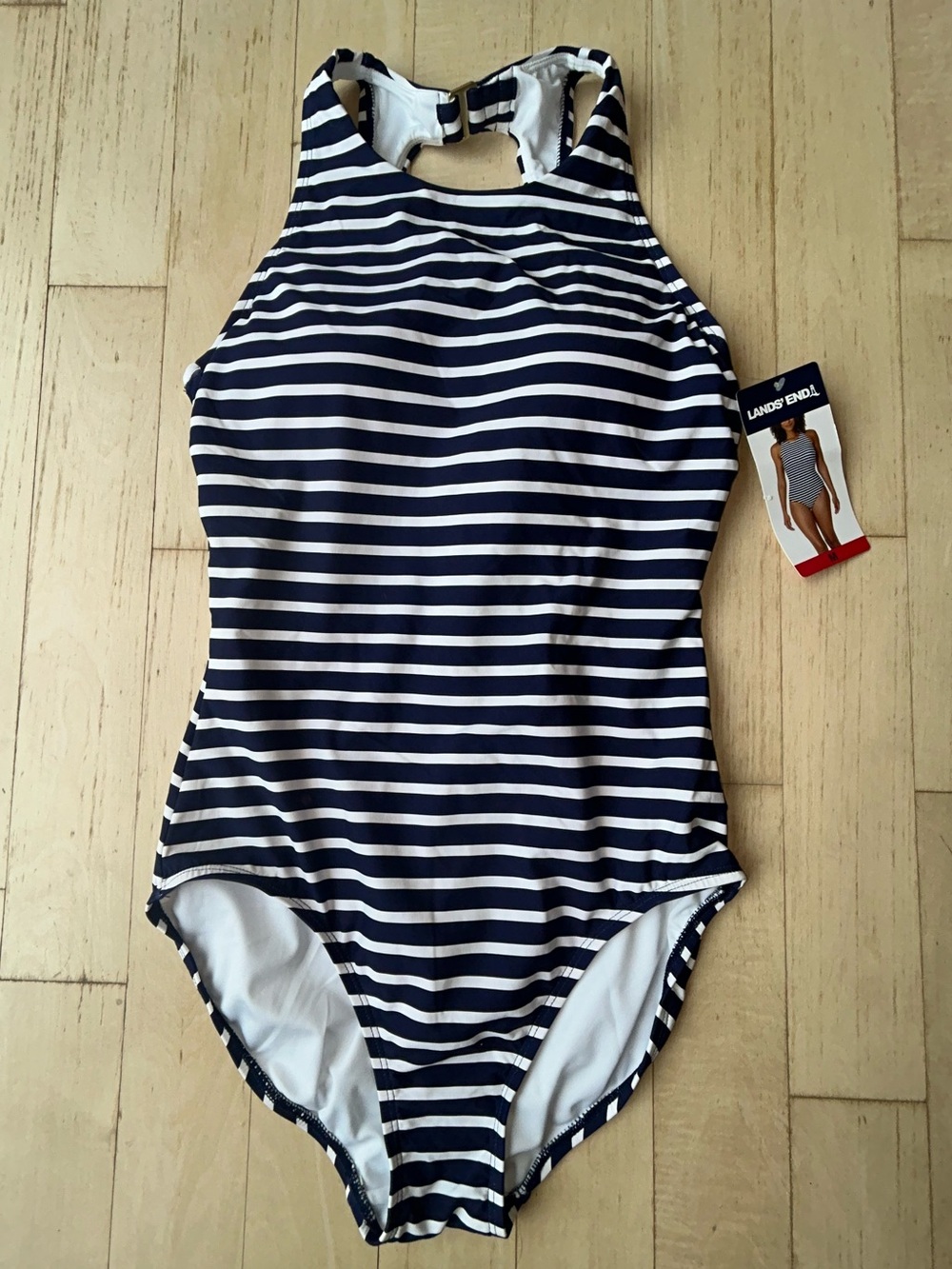 Lands' End Women’s One Piece Horizontal Stripe Swimsuit Navy/White Medium NWT - Picture 3 of 14
